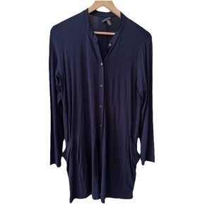 Eileen Fisher Cardigan M Navy Blue Button Front Mandarin Collar Pockets